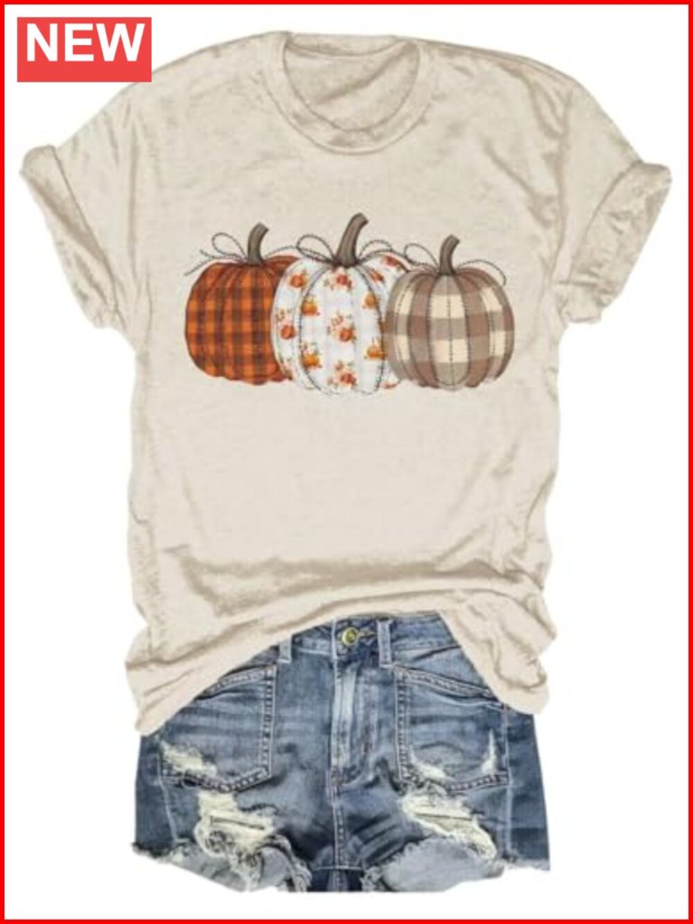 Fall Checkered Pumpkin T-Shirt Short Sleeve Crew Neck Women's